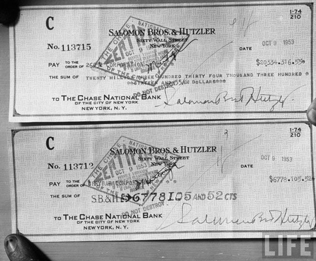 "A good-close up of checks relating to the Chrysler Building real estate deal." October 1953